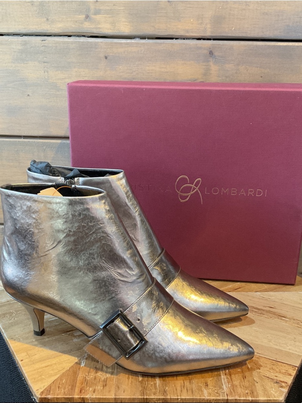 Christina Lombardi Silver Metallic Pointed Ankle Boots with Buckle